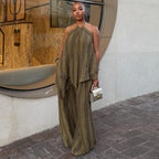 Women Clothing Spring Western Halter Sleeveless Irregular Asymmetric Top Wide Leg Pants Two Piece Sets