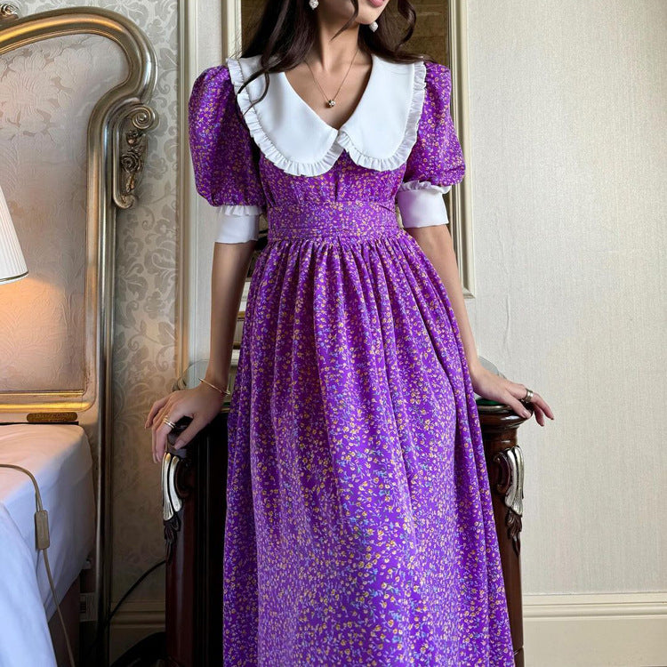 Women's Purple Floral Peter Pan Collar Tie-Neck Dress