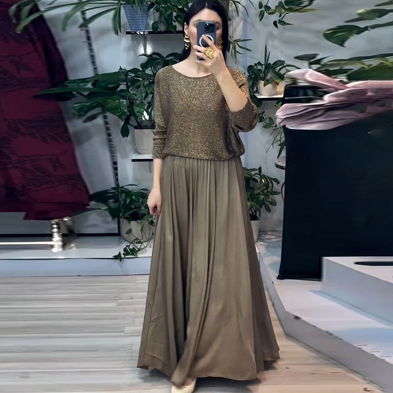 Women's Spring Golden Long Sleeve Top Skirt Two-Piece Set Skirts Set