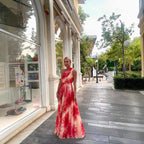 Shoulder Waist-Controlled Lace-Up Wide Hem Printed Dress