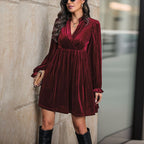 Velvet V-Neck Long Sleeve Midi Dress