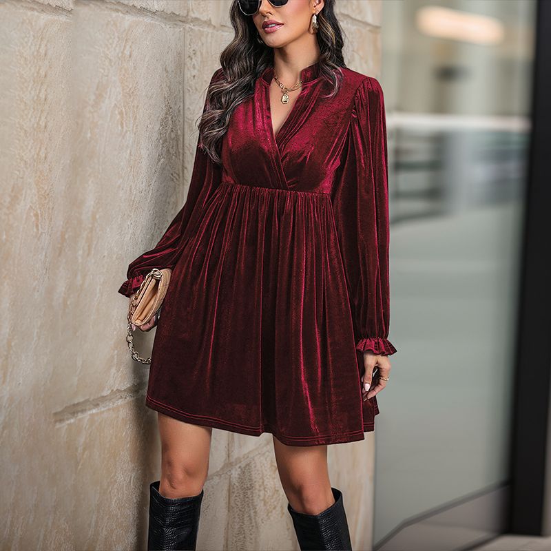 Velvet V-Neck Long Sleeve Midi Dress