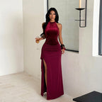 Women's Halter Velvet Sequin Maxi Dress