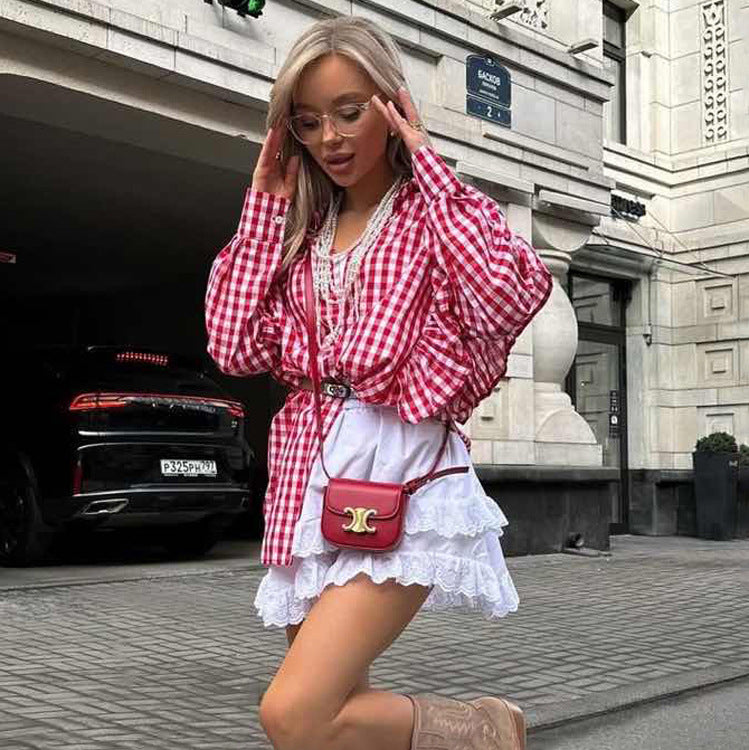 Cotton Plaid Shirt Design Ruffled Collared Long Sleeve Cardigan