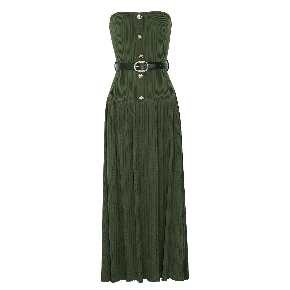 Strapless Belted Knit A-Line Maxi Dress
