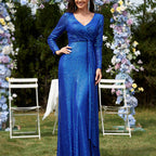 Women's Multi Color Long Sleeve V Neck Fishtail Cocktail Evening Dress