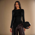 Women Clothing Irregular Asymmetric Ruffle Top Women Long Sleeved off Neck Elegant Slimming Bottoming Shirt