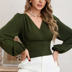 Women’s Army Green Ruffle V Neck Long Sleeve Top