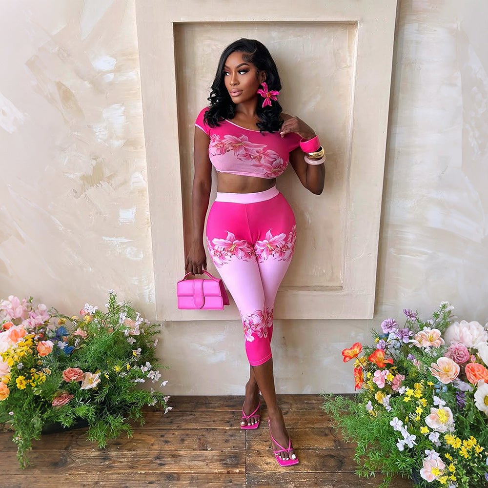 Floral Print Drop Shoulder High Waist Top Pants Set