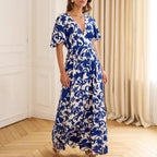 Women's Printed V-Neck Short-Sleeve Dress
