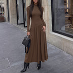 Women's Stand-Collar Ruched Long Sleeve Maxi Dress