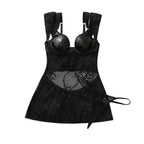 Sexy Faux Leather Stitching Sheer Mesh Lace up Waist
