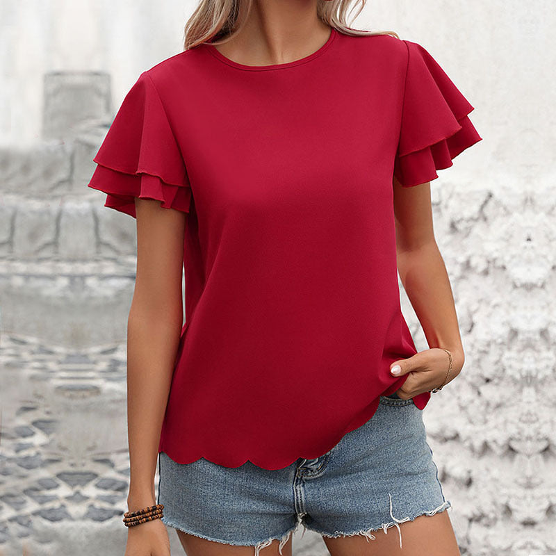 Women's Women Clothing Double Layer Ruffle Sleeve Solid Color Top For Women Summer