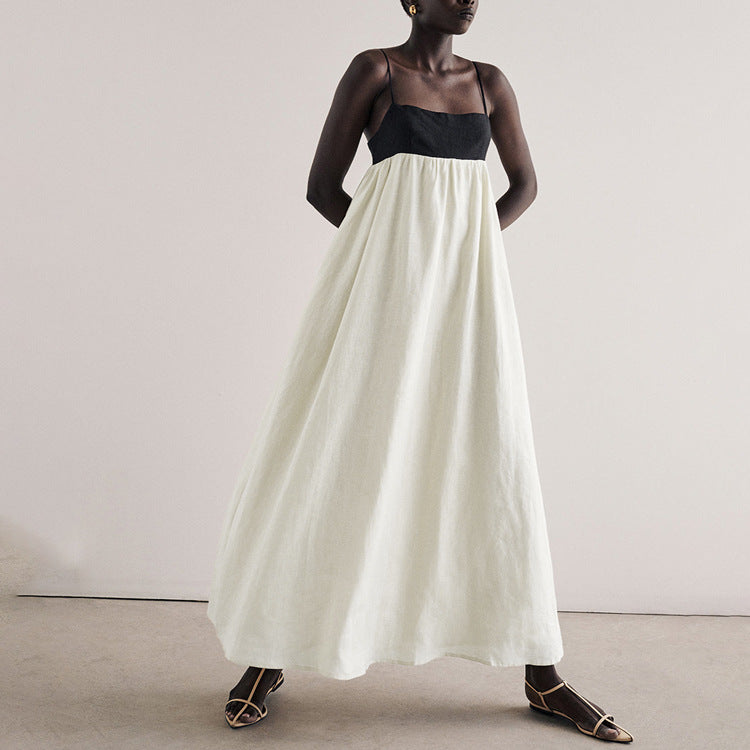 Black White Contrast Sling Dress Backless Long