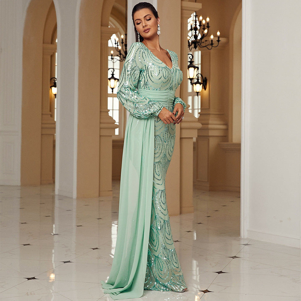 Women's Long Sleeve Long Sequined V Neck Cocktail Ribbon Evening Dress