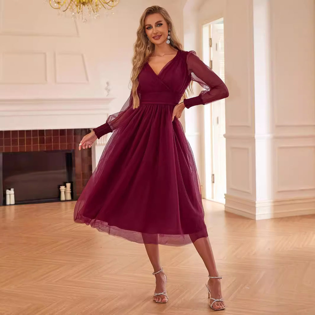Women's V-Neck Mesh Long-Sleeve Maxi Dress