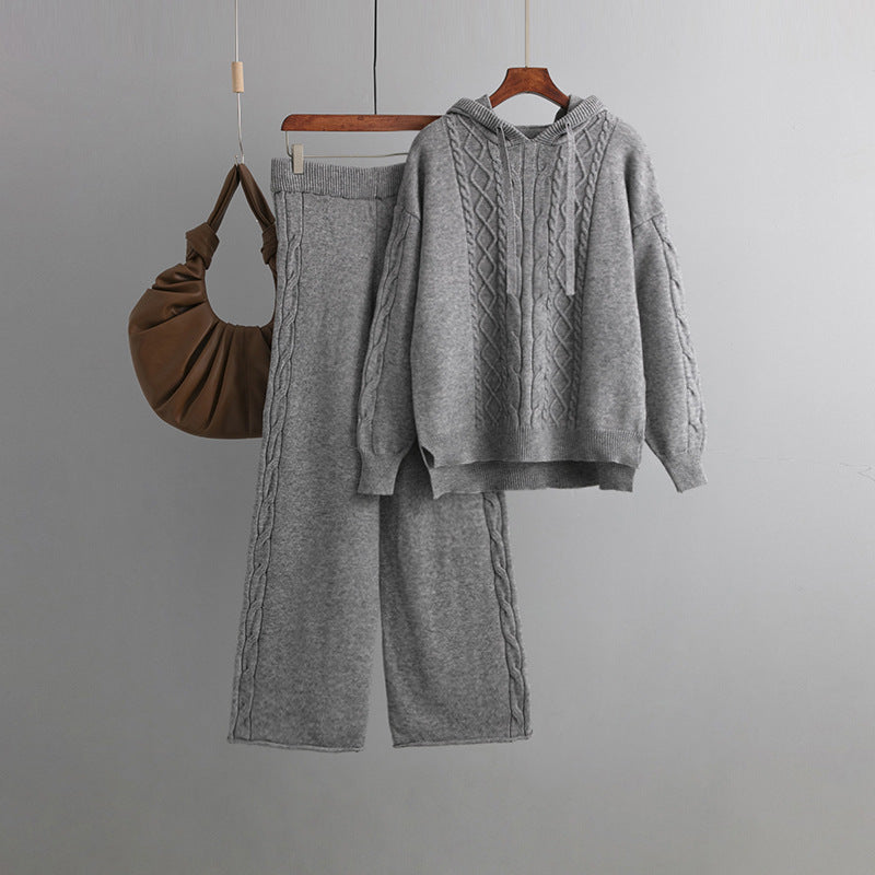 Autumn Winter Suit Hoodie With Drawstrings Loose Sweater Draping Wide Leg Trousers Twist Two-Piece Set