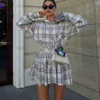 Plaid Collared Long Sleeve Shirt Nipped Waist Skirt Set