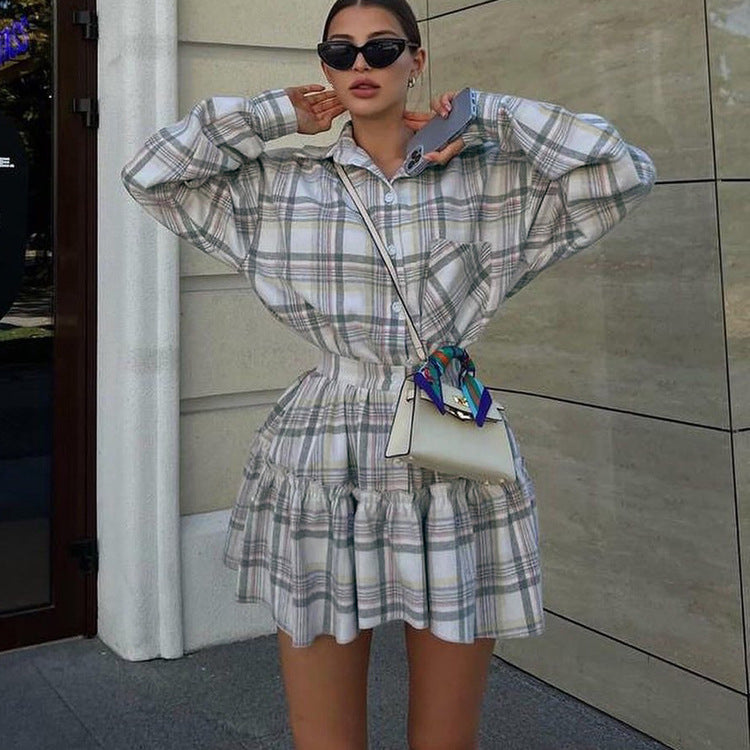 Plaid Collared Long Sleeve Shirt Nipped Waist Skirt Set