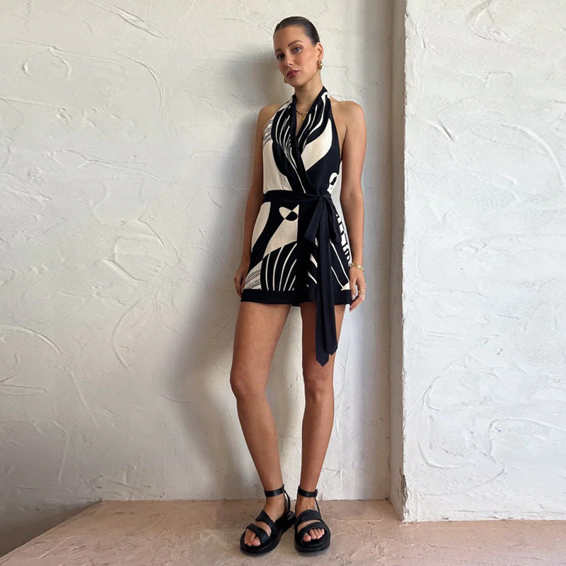 Women's Printed Halter Backless Tie Mini Dress
