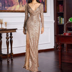 Sequin V-Neck Long-Sleeve Split Bodycon Maxi Dress