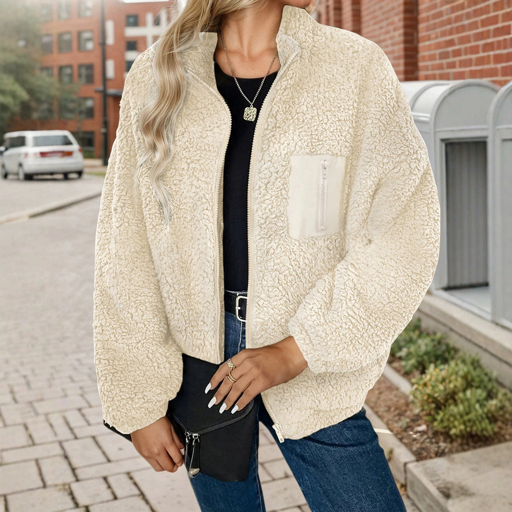 Loose Berber Fleece Coat Stand Collar Zipper Cargo Pocket