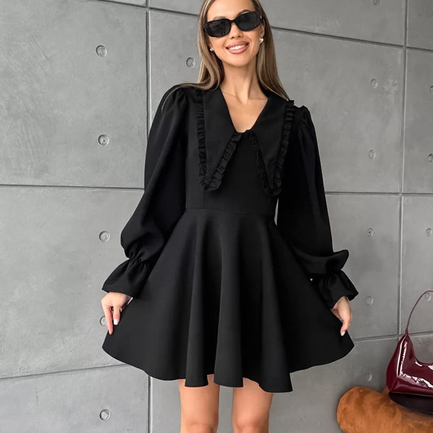 Black Collared Bell-Sleeve Dress