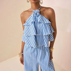 Elegant Office Lace up Halterneck Backless Striped Jumpsuit