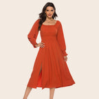 Women's Spring Autumn Square Collar Slimming Waist Women Dress Split Long-Sleeved Dress