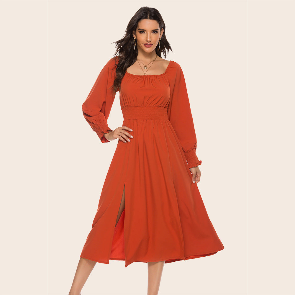 Women's Spring Autumn Square Collar Slimming Waist Women Dress Split Long-Sleeved Dress