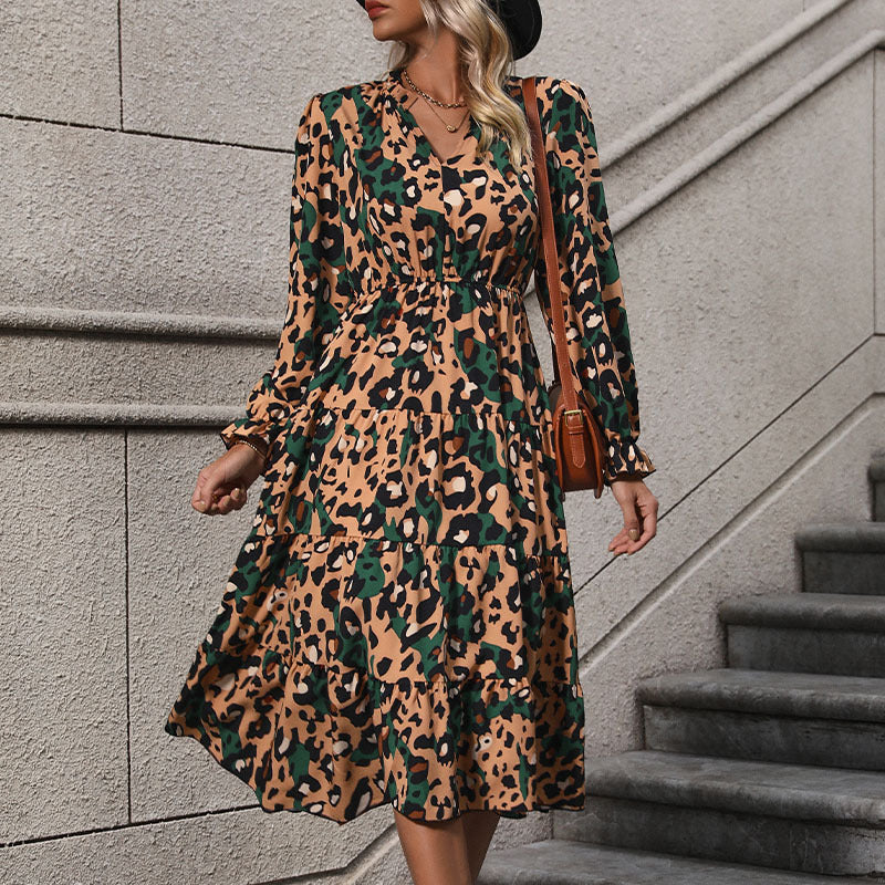 Leopard Print Long Sleeve Midi Dress