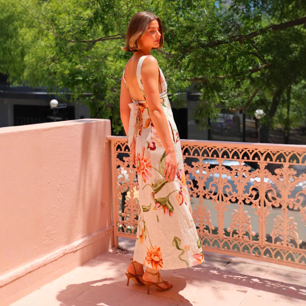 Women's Vacation Printed Maxi Dress Backless Sling Dress