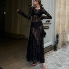 Black Sheer Lace Long Sleeve Maxi Dress