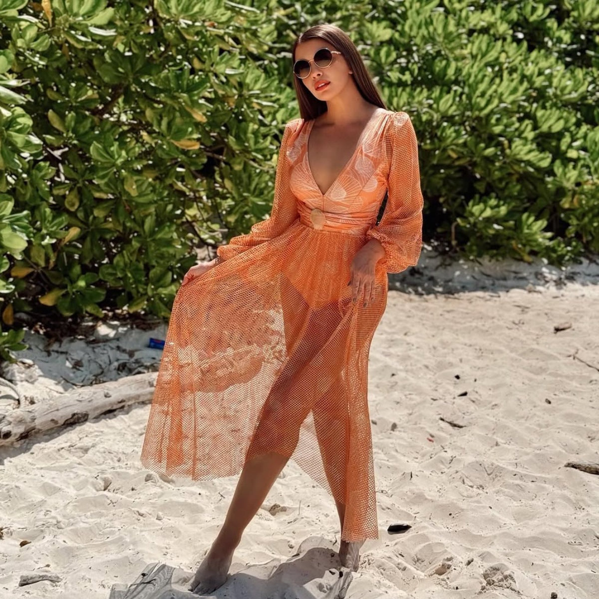 Neck Mesh One-piece Swimwear