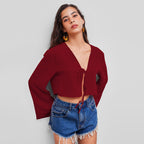 V Neck T Shirt Chest Lace Up Niche Wine Red Cardigan Top Women