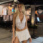 Spring Summer Sequin Halter Drawstring Strap Split Skirt Two Piece Sets