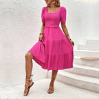 Women's Coral Red Smocked Square-Neck Summer Dress