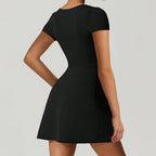 Women's Sexy Elegant Square Cut Collar Slit Hemline Hem Waist Tight A Line Dress