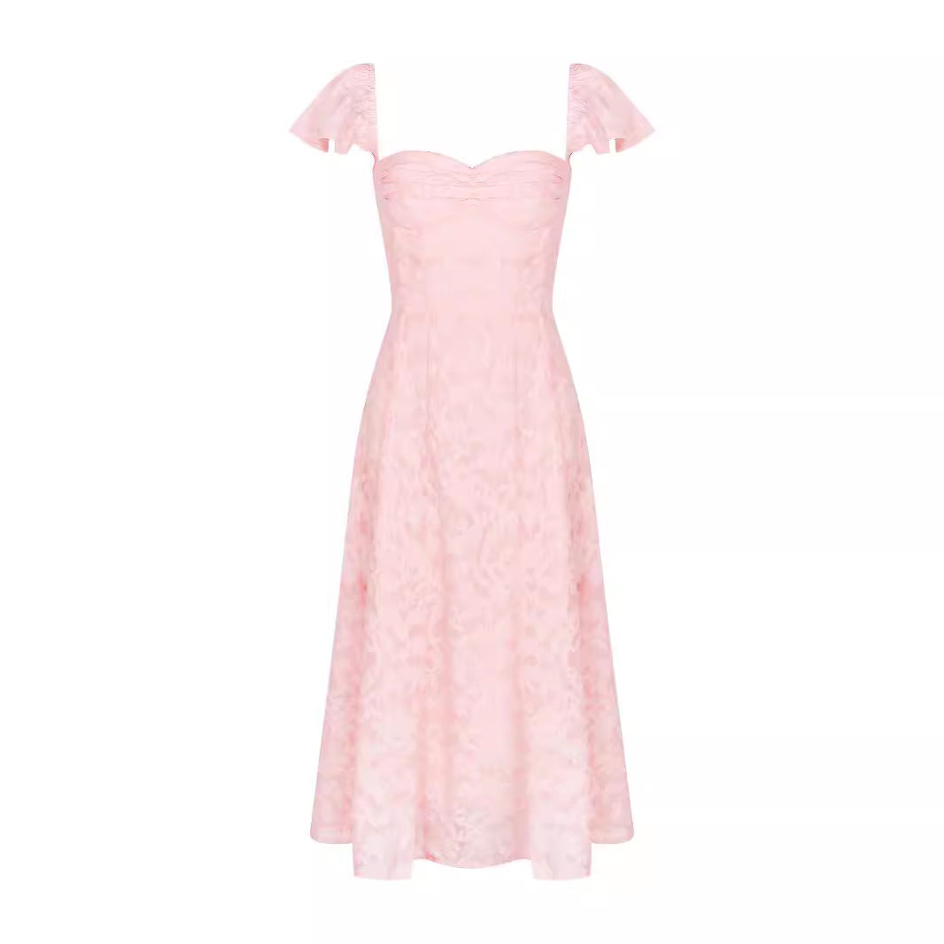 Pink Sweetheart Ruched Short-Sleeve A-Line Midi Dress