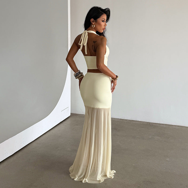 Women's Sexy Vacation Skirt Metal Floral Halter Top Skirt Sexy Set
