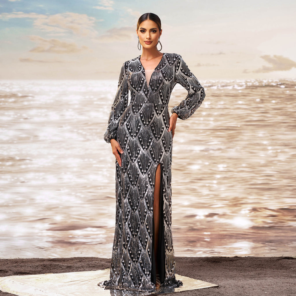 Women's V-Neck Sequin Split Evening Maxi Dress