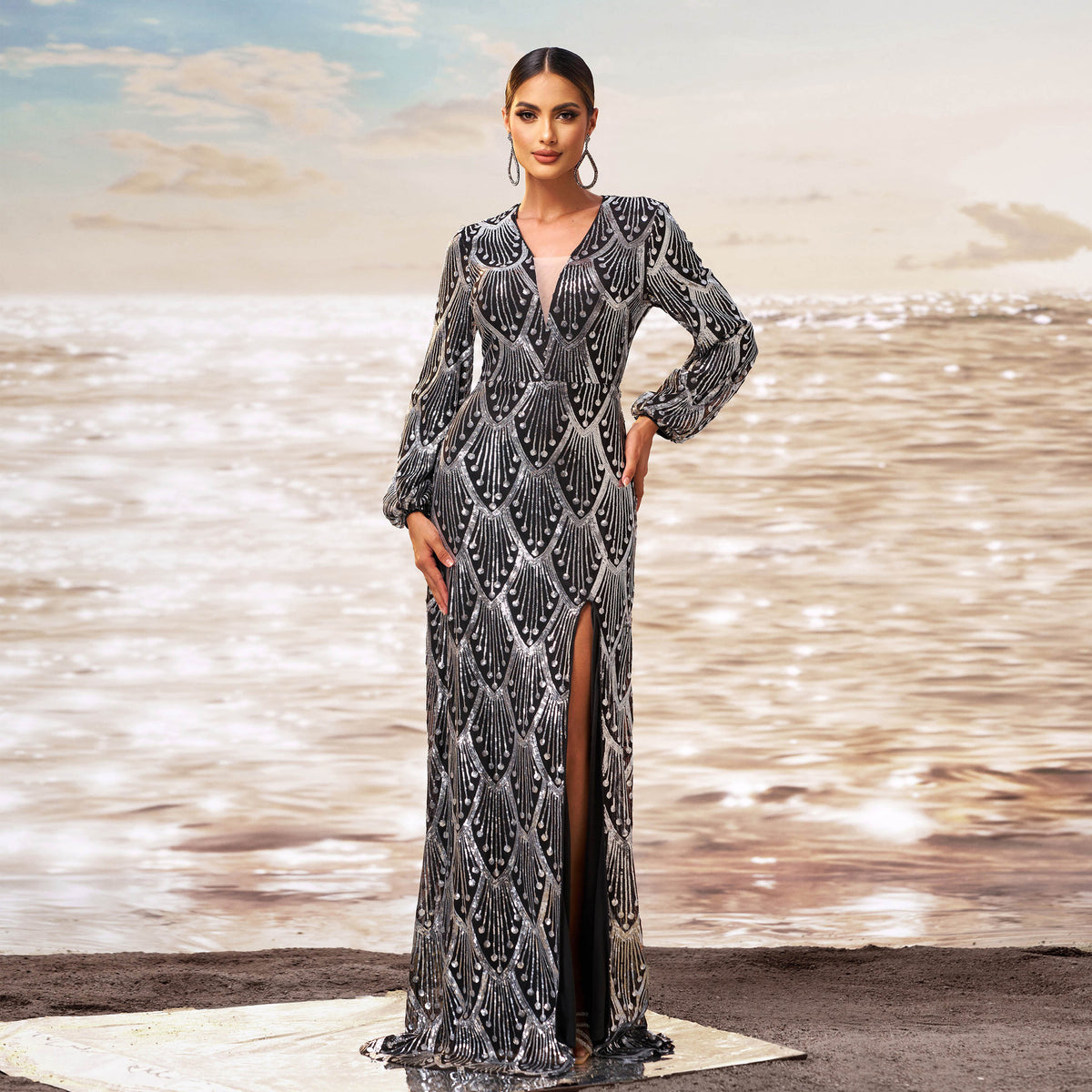 Women's V-Neck Sequin Split Evening Maxi Dress