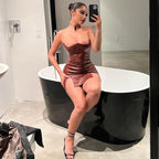 Faux Leather Off-Neck Low Cut Tight Sleeveless Backless Dress