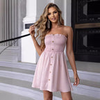 Strapless Button Ruffle Smocked A-Line Mini Dress