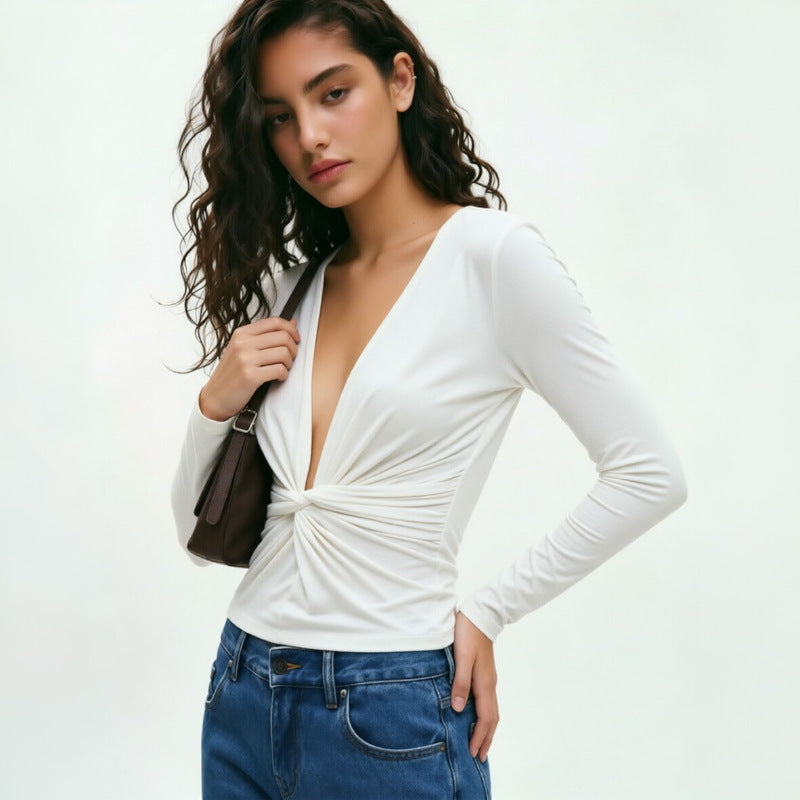Women's Deep V-Neck Long Sleeve Top