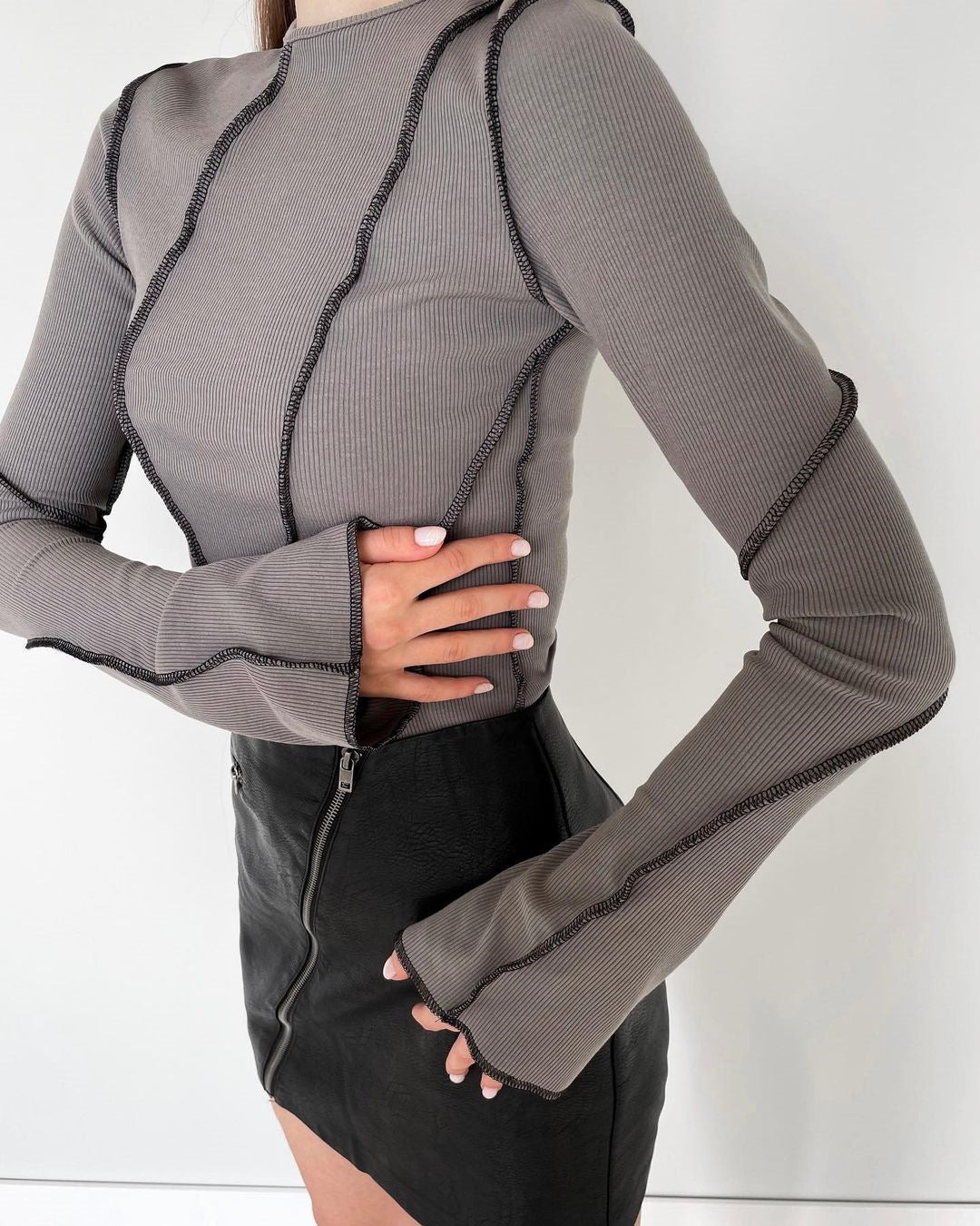 Women's Neck Bell Sleeve Sunken Stripe Top Bottoming Long Sleeve