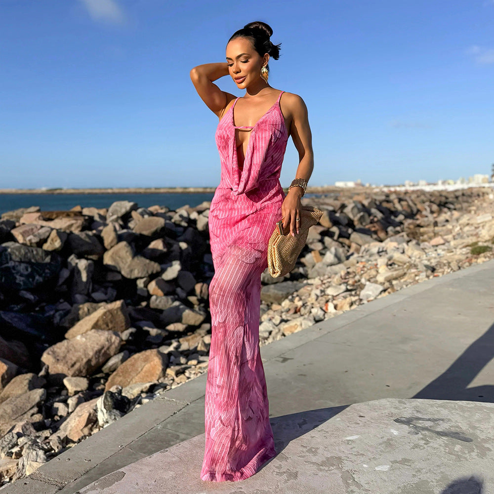 Deep V-Neck Plunge Strap Printed Maxi Dress