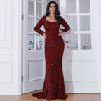 Fishtail Off Neck Long Sleeved Mid Length Wedding Toast Dress