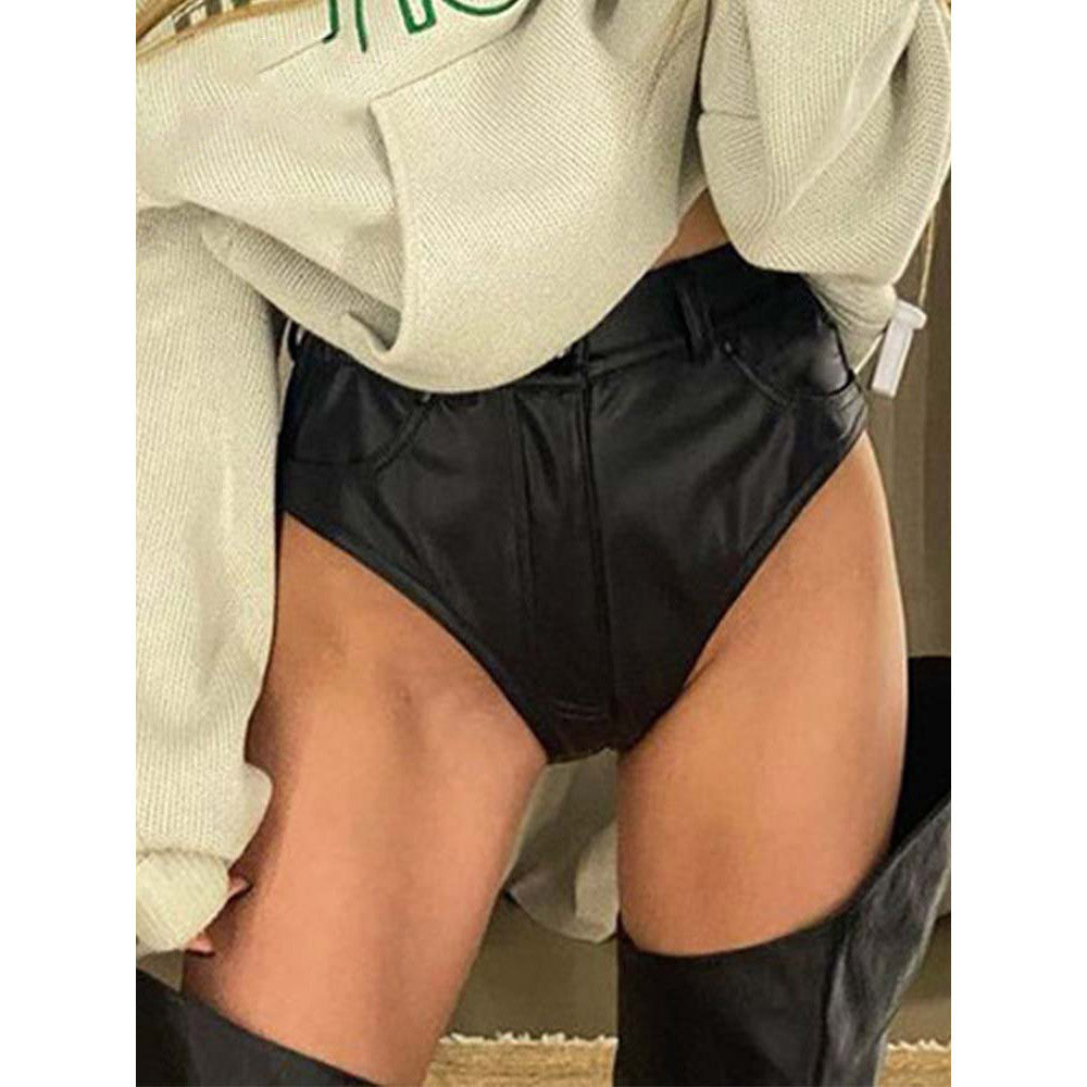 Leather High Waist Hip Faux Base Elasticity Shorts