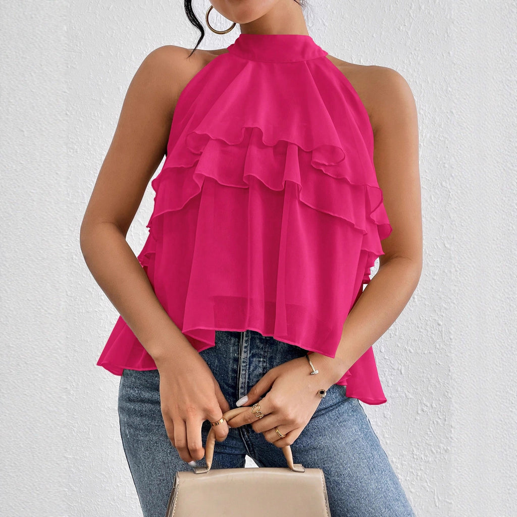 Fashionable Temperamental All Match Solid Color Halter Sleeveless Irregular Asymmetric Ruffle Top